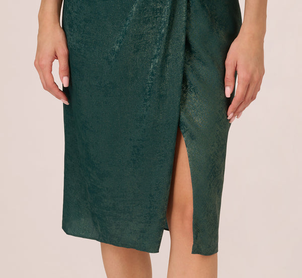 Adrianna Papell Foil Blouson Midi Dress With Faux Wrap Skirt In Dark Ivy