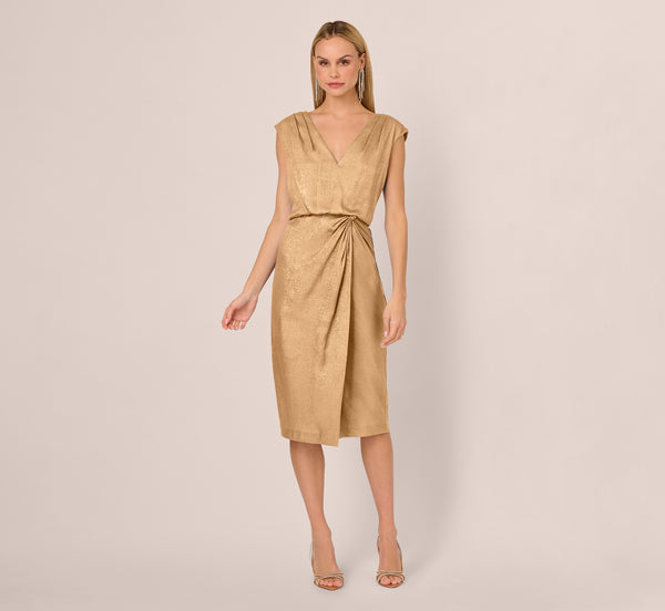 Adrianna Papell Foil Blouson Midi Dress With Faux Wrap Skirt In Light Gold
