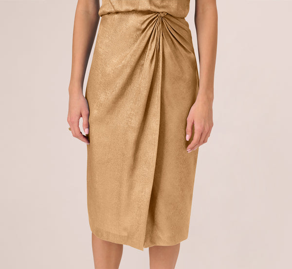 Adrianna Papell Foil Blouson Midi Dress With Faux Wrap Skirt In Light Gold