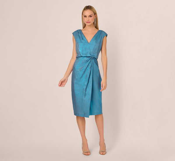 Adrianna Papell Foil Blouson Midi Dress With Faux Wrap Skirt In Ocean Dream