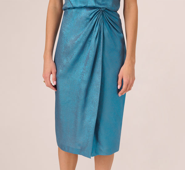 Adrianna Papell Foil Blouson Midi Dress With Faux Wrap Skirt In Ocean Dream