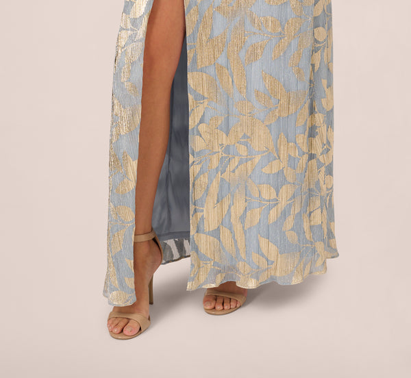 Adrianna Papell Foil Leaf Short Sleeve Gown With Draped Details In Light Blue Gold