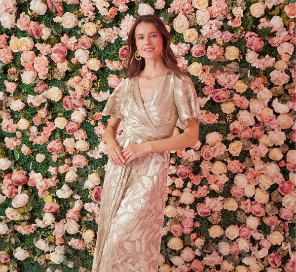 adrianna papell Foil Leaf Short Sleeve Gown With Draped Details In Champagne Gold