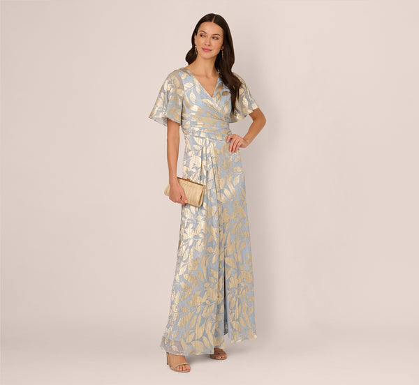 adrianna papell Foil Leaf Short Sleeve Gown With Draped Details In Light Blue Gold