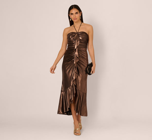 adrianna papell Foil Ruched Ruffle Halter Midi Dress In Cinnamon