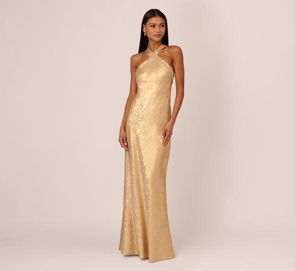 Adrianna Papell Foiled Mermaid Gown With Halter Neckline In Light Gold