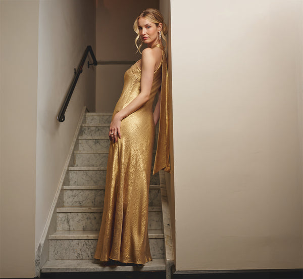 adrianna papell Foiled Mermaid Gown With Halter Neckline In Light Gold