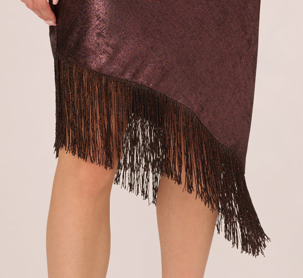 Adrianna Papell Foiled One Shoulder Asymmetrical Dress With Fringe Hem In Blackened Red