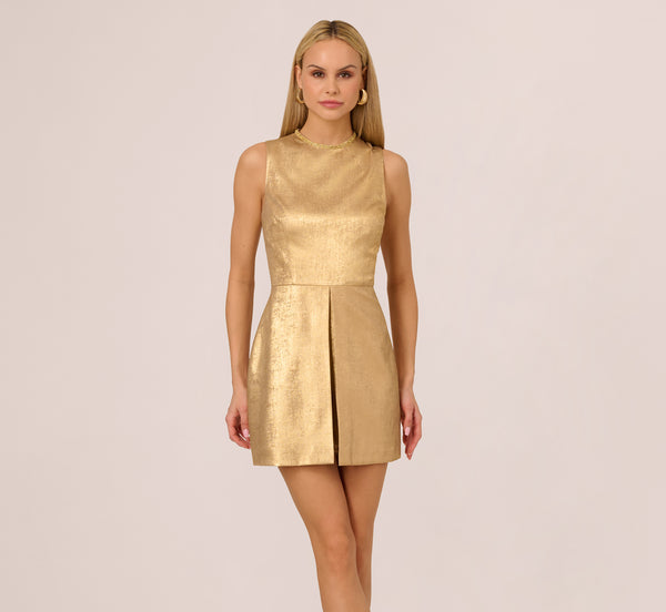 Adrianna Papell Foiled Sleeveless Beaded Collar Overlay Romper In Light Gold