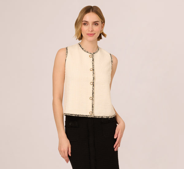 Adrianna Papell Fray Trim Tweed Vest Cardigan In Ivory