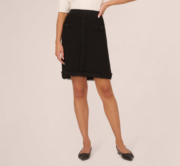 Adrianna Papell Fray Trimmed Pencil Skirt With Pockets In Black
