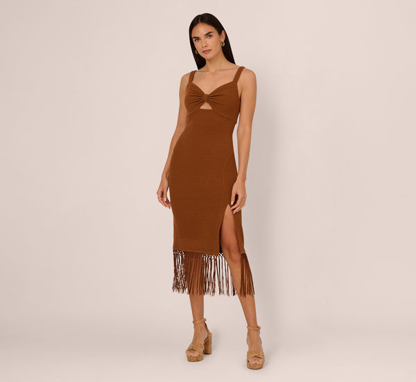 Adrianna Papell Fringe Trim Midi Dress With Keyhole Cutout Bust In Light Brown