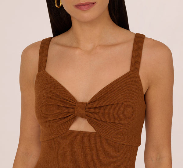 Adrianna Papell Fringe Trim Midi Dress With Keyhole Cutout Bust In Light Brown