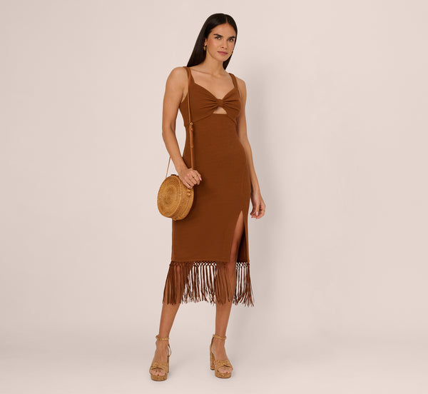 adrianna papell Fringe Trim Midi Dress With Keyhole Cutout Bust In Light Brown