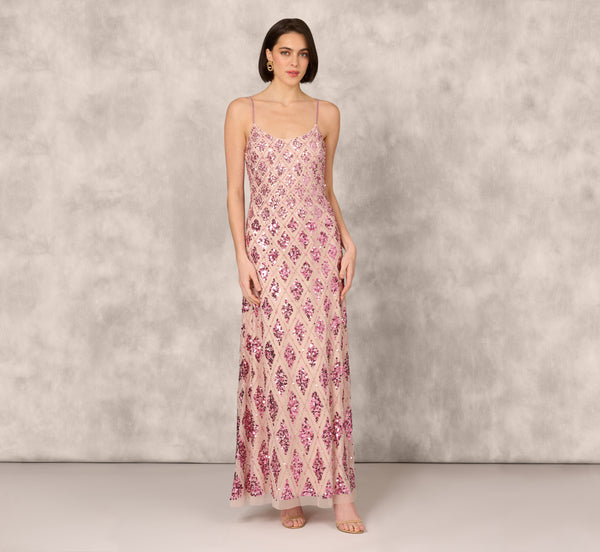 Adrianna Papell Geometric Sequin Beaded Gown With Scoop Neckline In Pink Multi