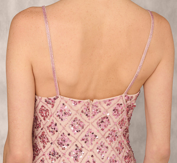 Adrianna Papell Geometric Sequin Beaded Gown With Scoop Neckline In Pink Multi