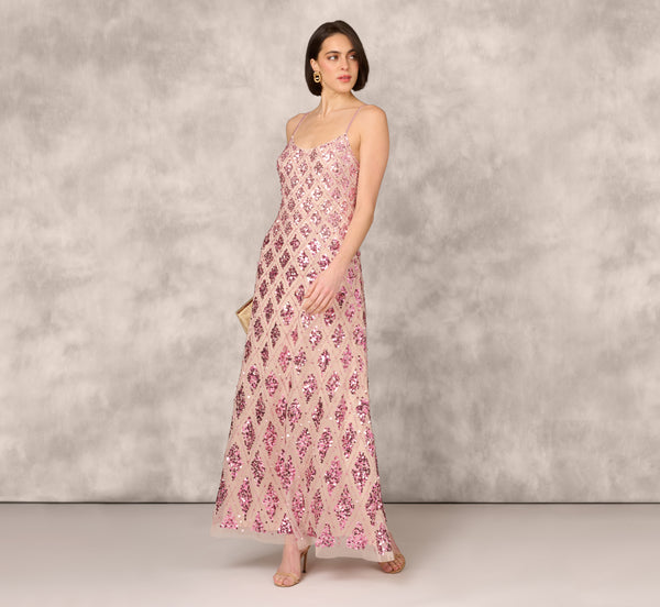 Adrianna Papell Geometric Sequin Beaded Gown With Scoop Neckline In Pink Multi
