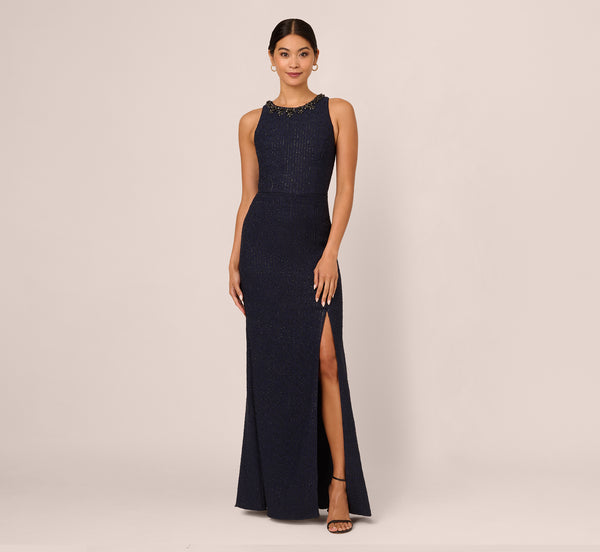 Adrianna Papell Glitter Boucle Stretch Gown In Navy