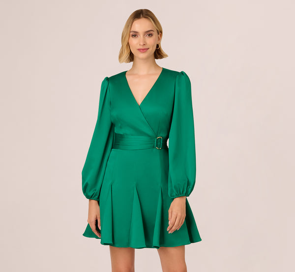 Adrianna Papell Godet Faux Wrap Short Dress In Radiant Emerald