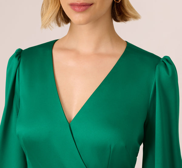 Adrianna Papell Godet Faux Wrap Short Dress In Radiant Emerald