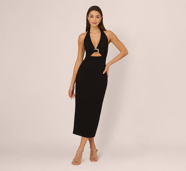 Adrianna Papell Halter Buckle Detail Midi Dress In Black