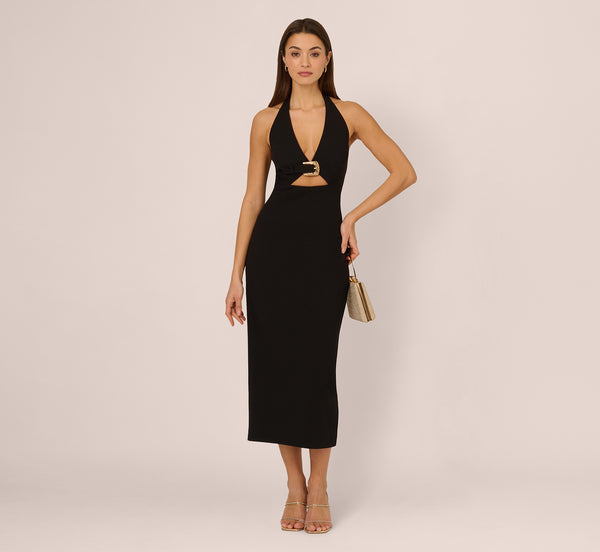 adrianna papell Halter Buckle Detail Midi Dress In Black adrianna papell Halter Buckle Detail Midi Dress In Black