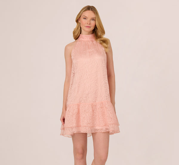Adrianna Papell Halter Burnout Floral Flounce Trapeze Dress In Blush