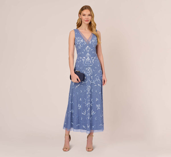 Adrianna Papell Hand-Beaded Ankle-Length Dress In French Blue