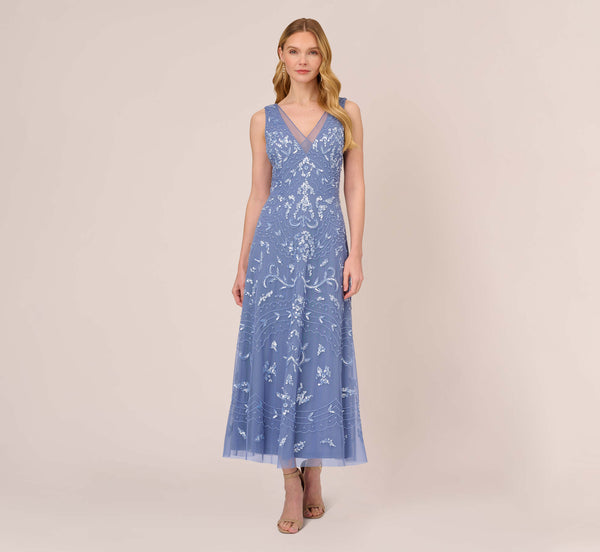 Adrianna Papell Hand-Beaded Ankle-Length Dress In French Blue