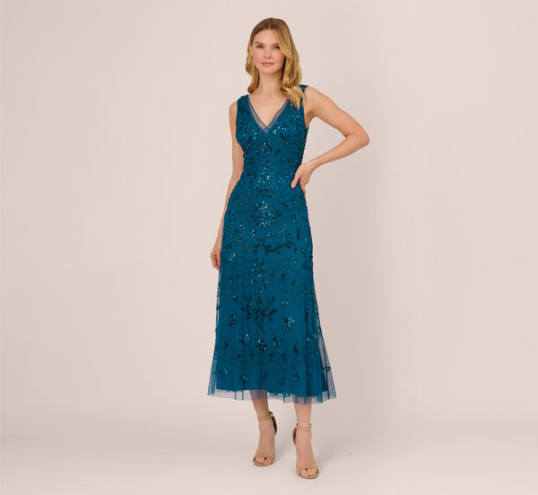 Adrianna Papell Hand-Beaded Ankle-Length Dress In Teal Sapphire