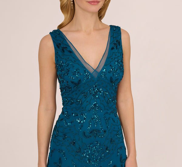 Adrianna Papell Hand-Beaded Ankle-Length Dress In Teal Sapphire