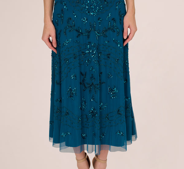 Adrianna Papell Hand-Beaded Ankle-Length Dress In Teal Sapphire