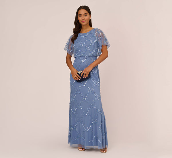 Adrianna Papell Hand-Beaded Blouson Long Gown With Flutter Sleeves In French Blue