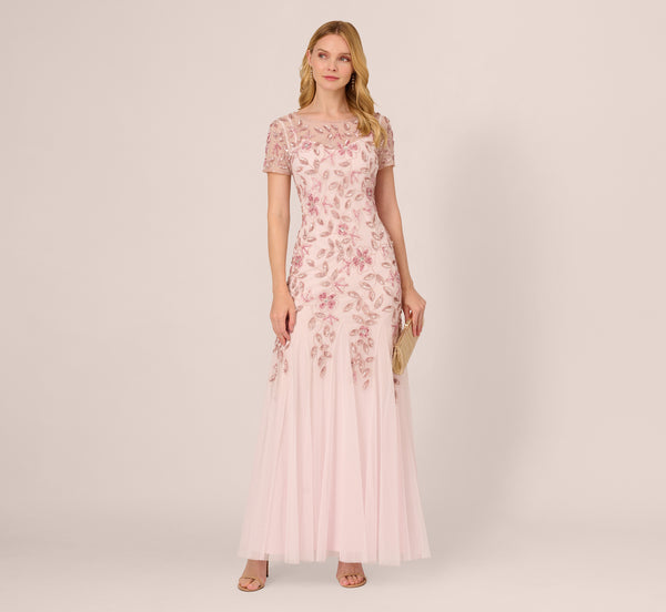 Adrianna Papell Hand Beaded Short Sleeve Floral Godet Gown In Blush Pink