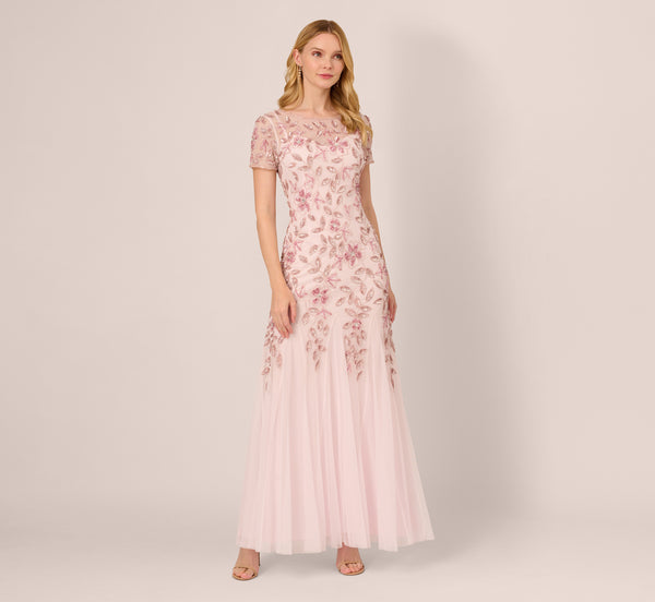Adrianna Papell Hand Beaded Short Sleeve Floral Godet Gown In Blush Pink