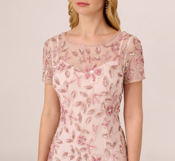 Adrianna Papell Hand Beaded Short Sleeve Floral Godet Gown In Blush Pink