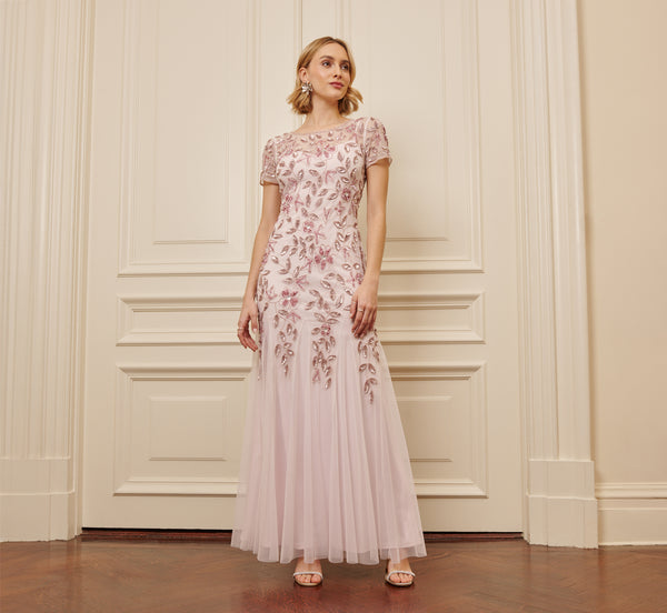 adrianna papell Hand Beaded Short Sleeve Floral Godet Gown In Blush Pink