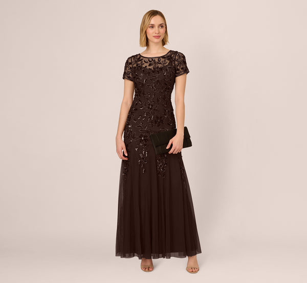 Adrianna Papell Hand Beaded Short Sleeve Floral Godet Gown In Chocolate