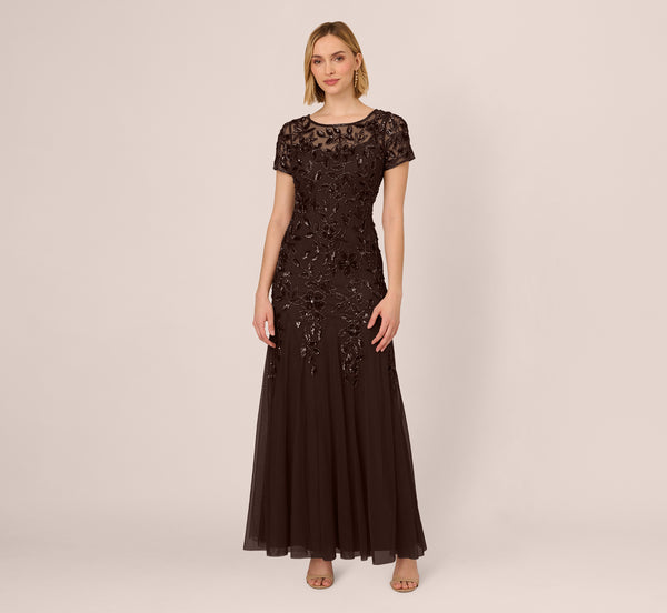 Adrianna Papell Hand Beaded Short Sleeve Floral Godet Gown In Chocolate