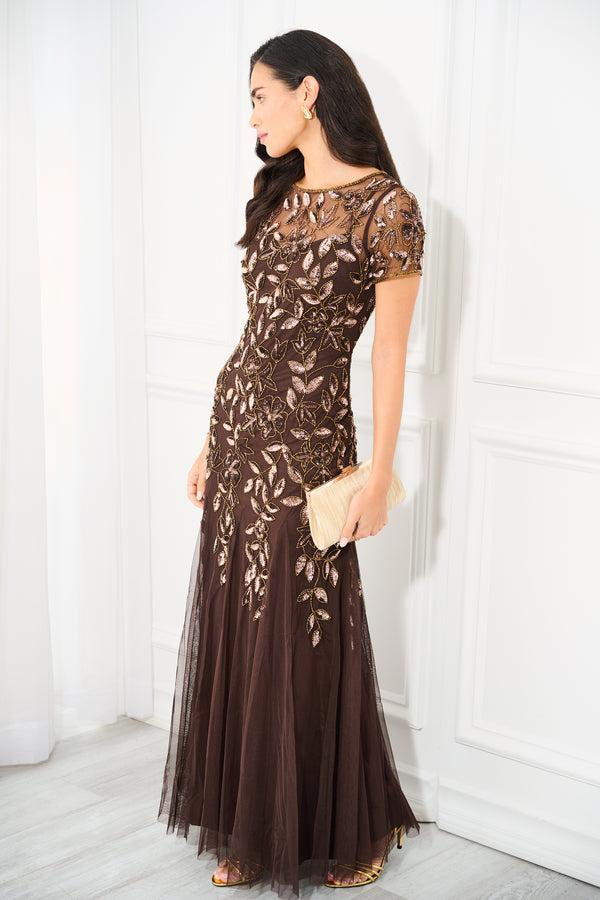 adrianna papell Hand Beaded Short Sleeve Floral Godet Gown In Chocolate