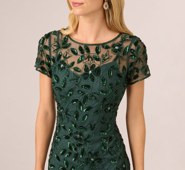 Adrianna Papell Hand Beaded Short Sleeve Floral Godet Gown In Dusty Emerald