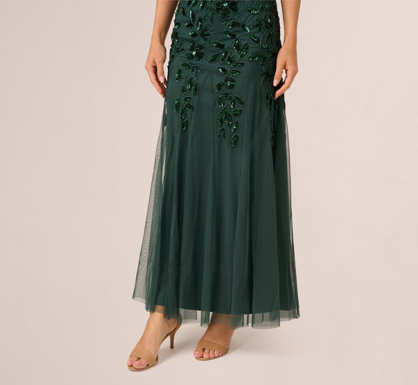 Adrianna Papell Hand Beaded Short Sleeve Floral Godet Gown In Dusty Emerald