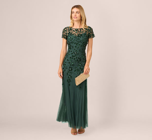 adrianna papell Hand Beaded Short Sleeve Floral Godet Gown In Dusty Emerald