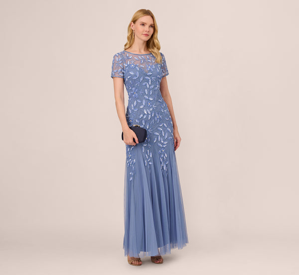 Adrianna Papell Hand Beaded Short Sleeve Floral Godet Gown In French Blue