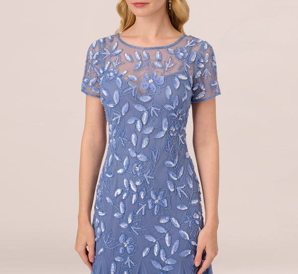 Adrianna Papell Hand Beaded Short Sleeve Floral Godet Gown In French Blue