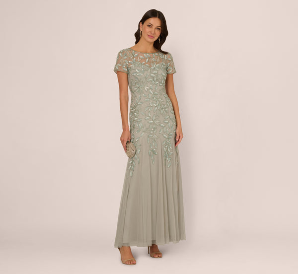 Adrianna Papell Hand Beaded Short Sleeve Floral Godet Gown In Frosted Sage