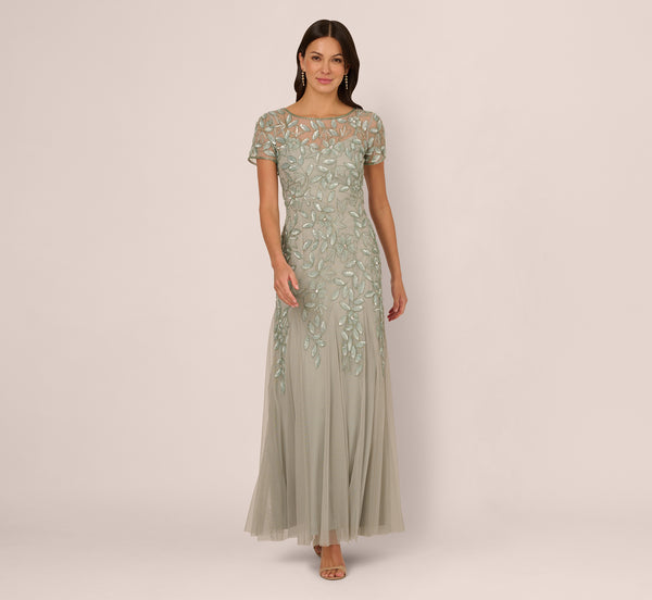 Adrianna Papell Hand Beaded Short Sleeve Floral Godet Gown In Frosted Sage