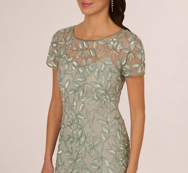 Adrianna Papell Hand Beaded Short Sleeve Floral Godet Gown In Frosted Sage