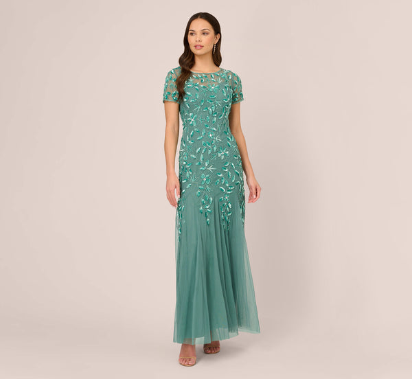 Adrianna Papell Hand Beaded Short Sleeve Floral Godet Gown In Green Slate