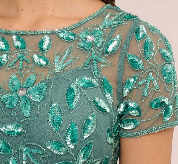 Adrianna Papell Hand Beaded Short Sleeve Floral Godet Gown In Green Slate